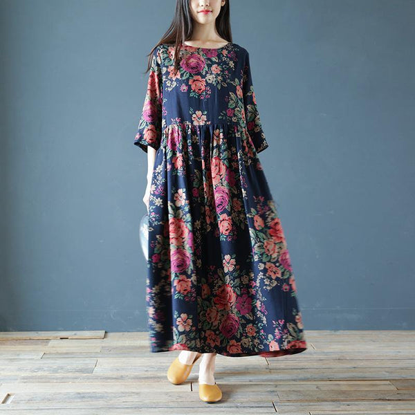 O Neck Cotton Linen Robes Work Outfits Navy Prints Dress