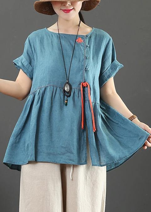 Chic blue linen linen tops women o neck Cinched oversized shirts