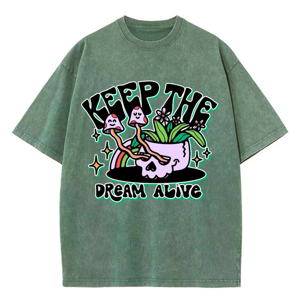 Unisex Keep The Dream Alive Printed Retro Washed Short Sleeved T-Shirt