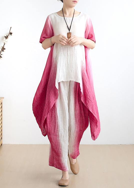 women pink o neck asymmetric tops +elastic waist wide leg pants