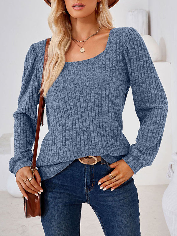 Long Sleeves Loose Solid Color Square-Neck T-Shirts Tops