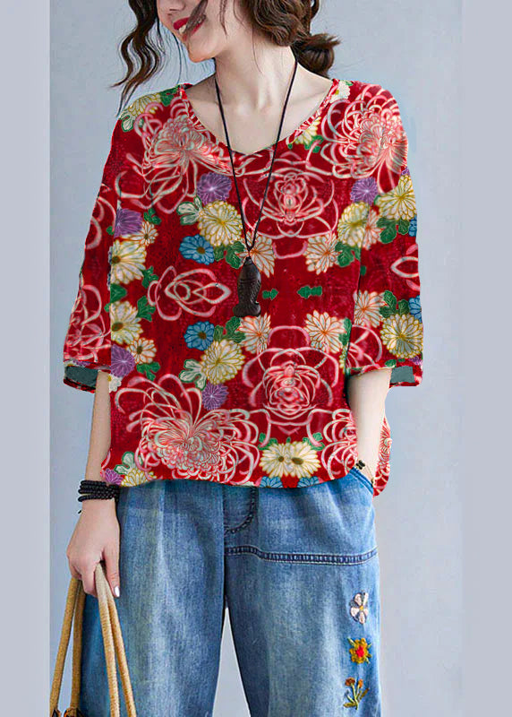 Boho Red-floral V Neck Patchwork Loose drawstring Fall Blouses Half Sleeve