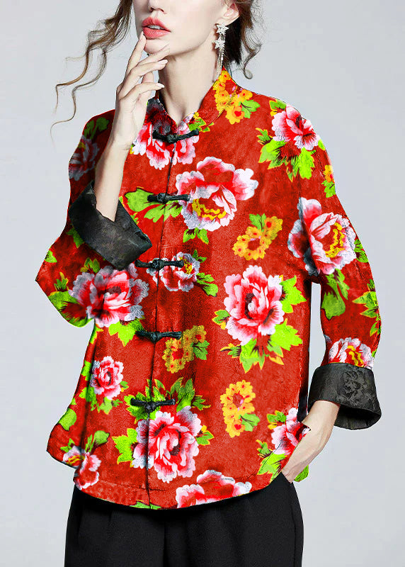 Chinese Style Red flower Stand Collar Button Print Silk Coats Long Sleeve