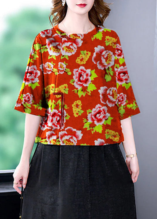 Red flower O-Neck Print Patchwork Top Bracelet Sleeve