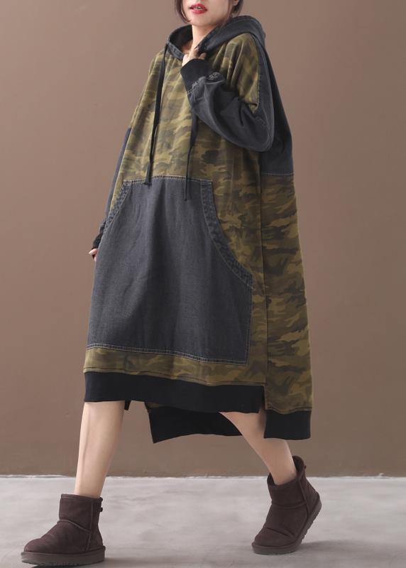 Classy patchwork cotton hooded quilting dresses Shape green Camouflage Plus Size Dresses