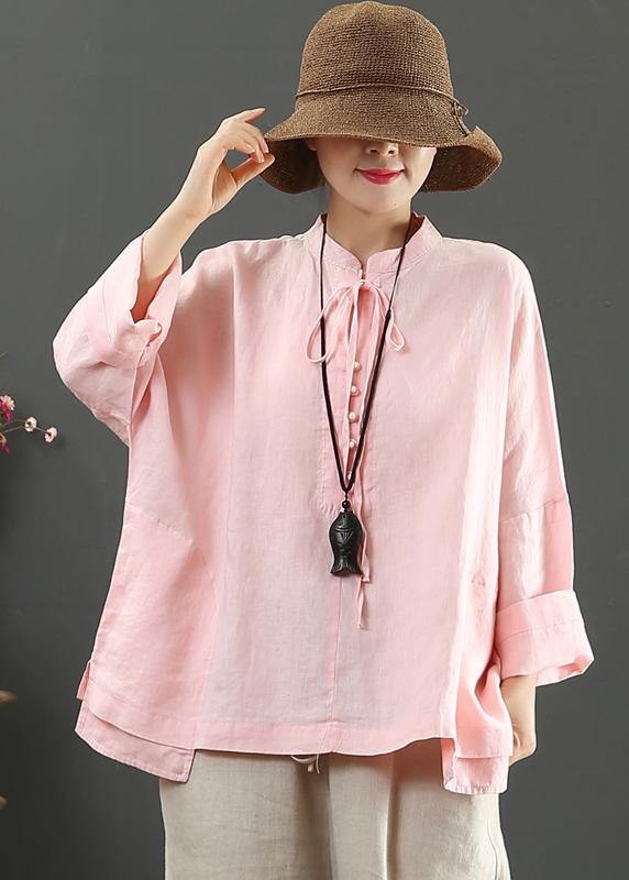 Elegant Stand Collar Pockets Spring Blouse Wardrobes Pink Blouse