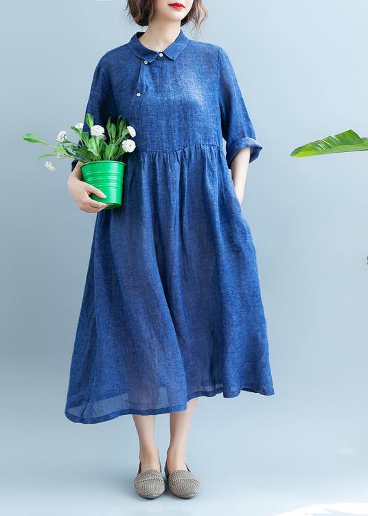 DIY Lapel cotton Summer Clothes For Women Fabrics Blue Dress