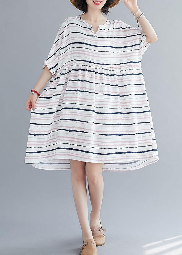 Elegant light pink striped dress o neck Plus Size summer Dresses