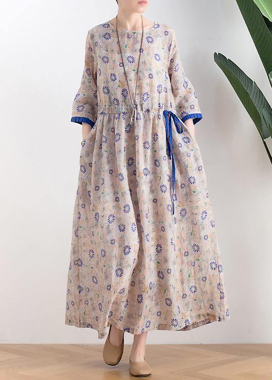 Literary small daisy mid-length dress waist ming 2021 new ramie printed skirt