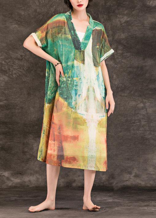 Beautiful green print linen clothes For Women v neck patchwork Maxi summer Dresses