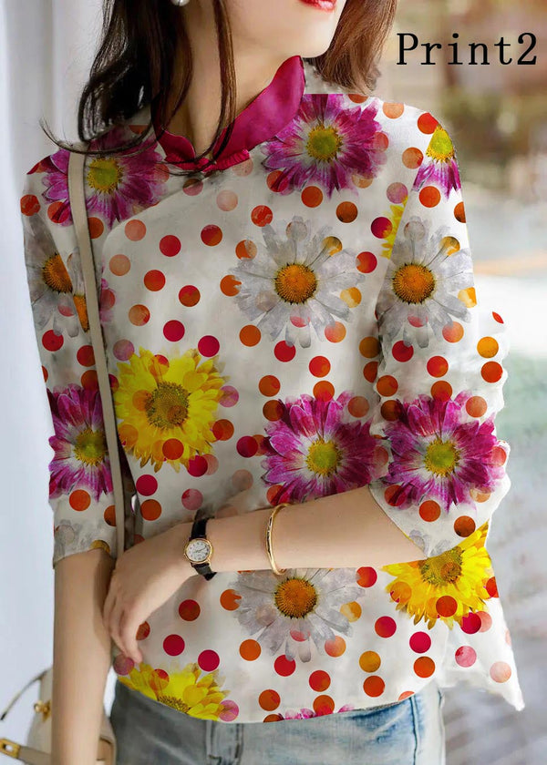 Unique Beige-flower Print Linen Blouses Spring