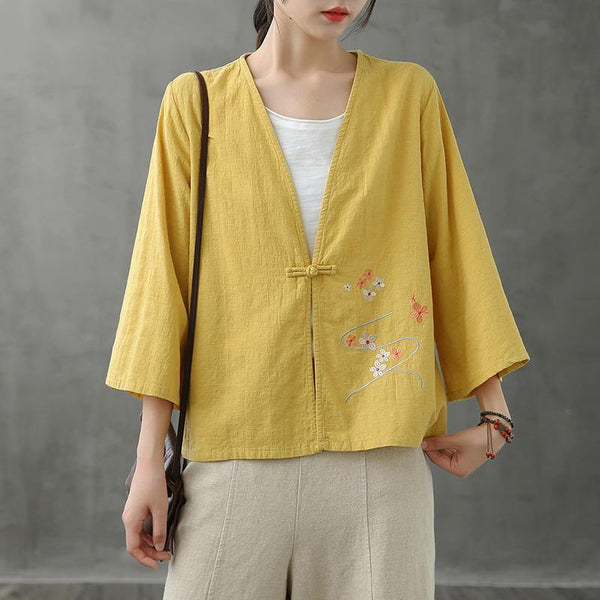 Women v neck Chinese Button tops blouses pattern yellow shirts