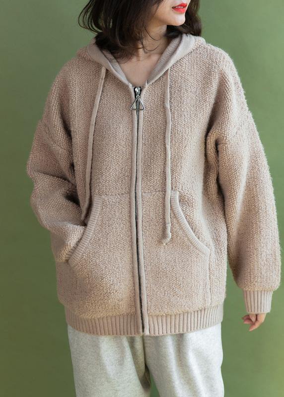 For Spring beige knit coats casual winter hooded knitted coat