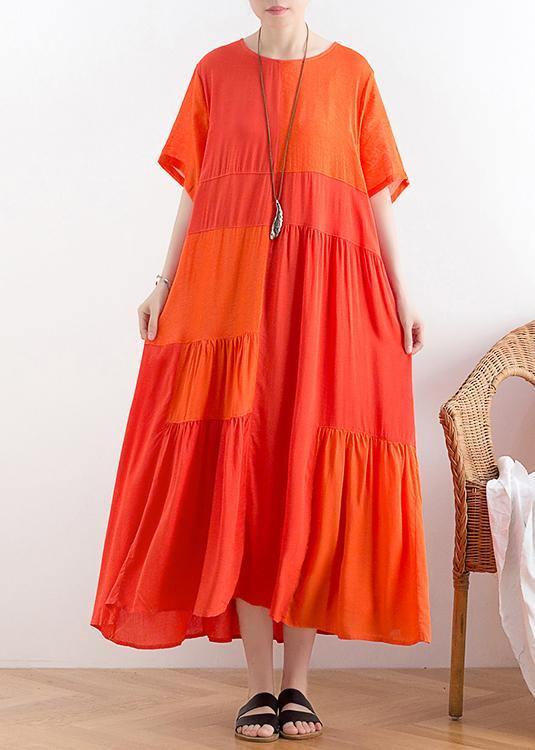 Handmade o neck patchwork cotton clothes For Women Catwalk orange long Dress