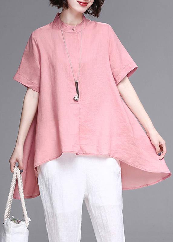 Women pink cotton linen clothes Work stand collar asymmetric summer tops