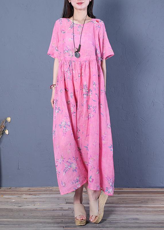 Women rose print chiffon Robes o neck Cinched Maxi Dresses