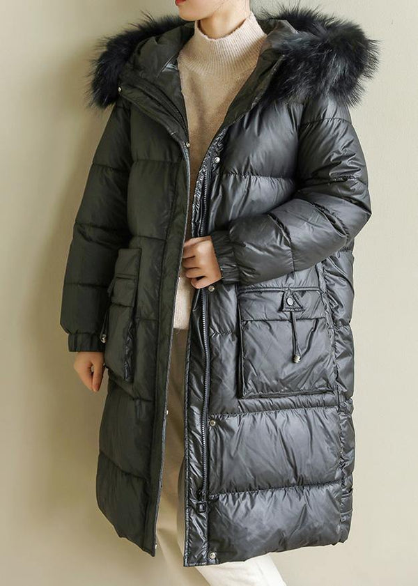 Warm Loose fitting womens parka hooded winter outwear black faux fur collar winter coat