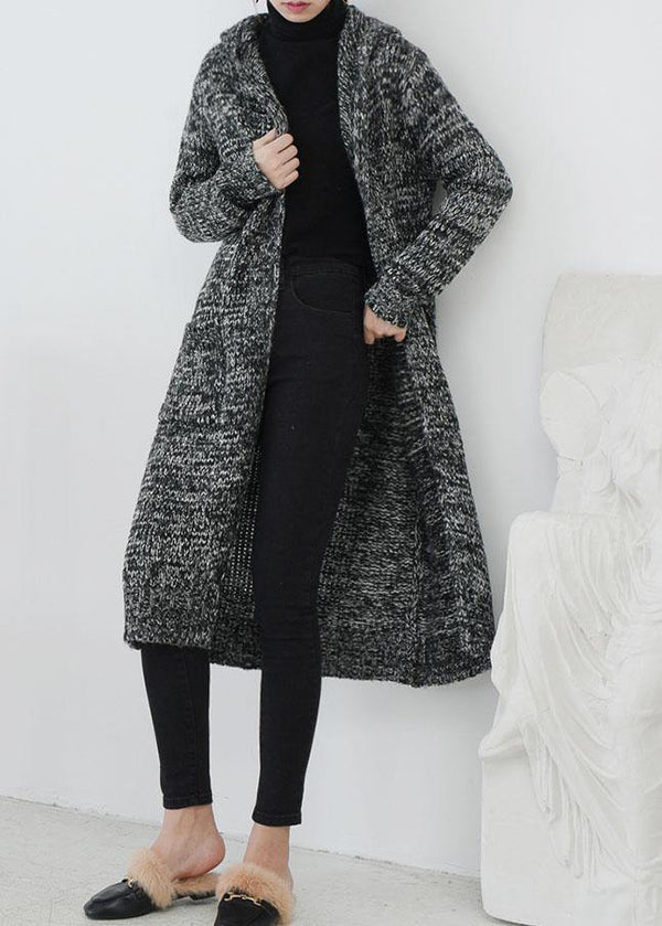 Cute fall knitted coat casual gray hooded pockets sweater coat