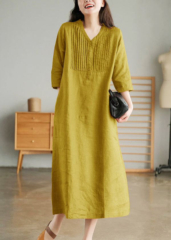 Yellow Loose Linen Long Dresses Button Solid Half Sleeve