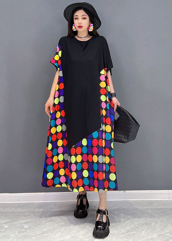 Loose Black O-Neck Patchwork Multi Dot Print Cotton Long Dress Short Sleeve