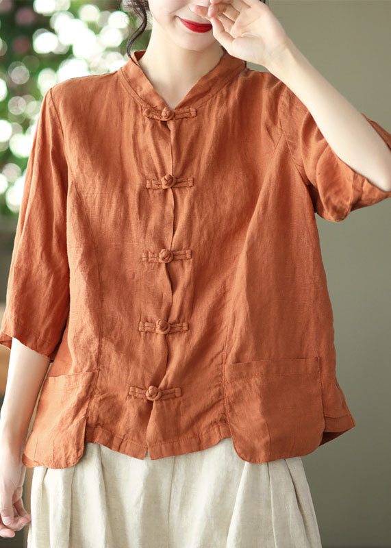 Vintage Orange Solid Patchwork Linen Shirt Top Bracelet Sleeve