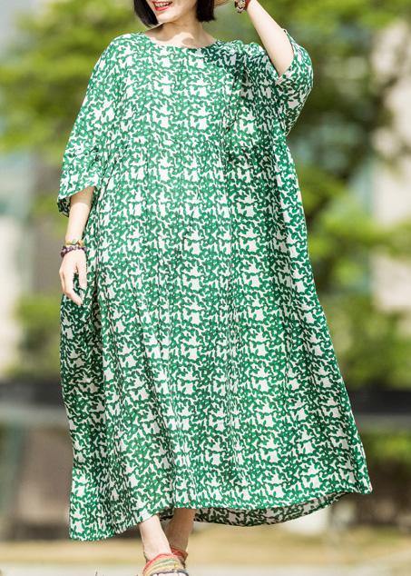 DIY green print linen quilting dresses o neck baggy Maxi summer Dress