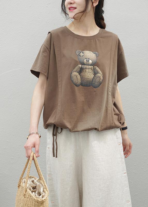 Elegant o neck drawstring cotton top Wardrobes chocolate print shirt