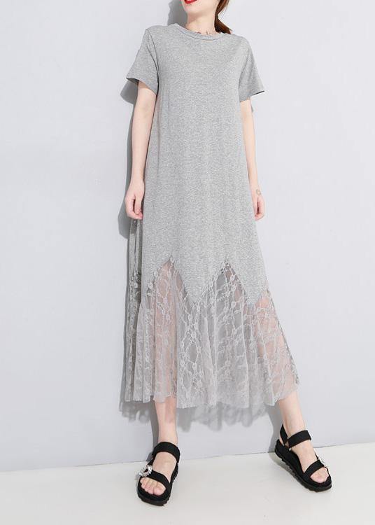 Chic gray cotton clothes Women lace patchwork Maxi summer hollow out Dresses