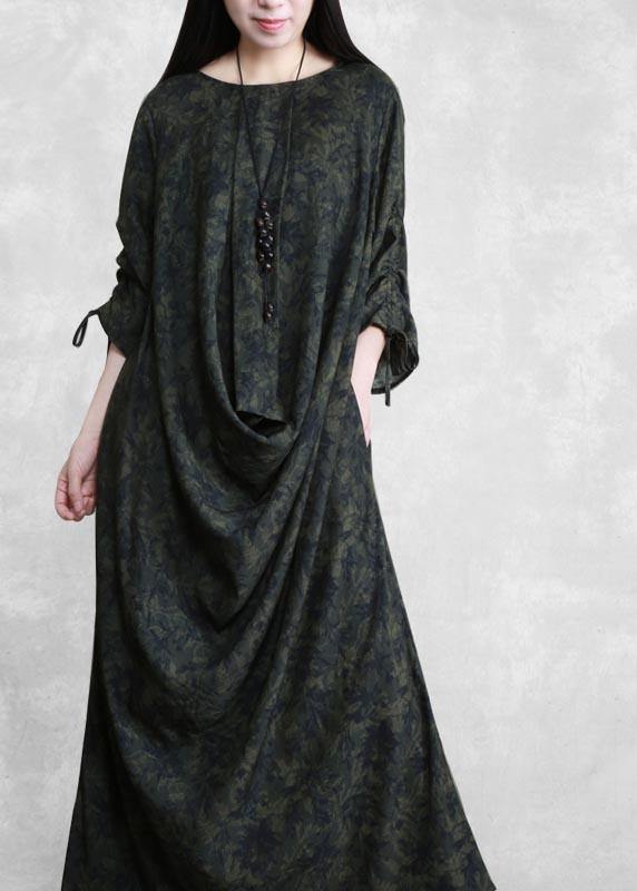 Modern V Neck Asymmetric Spring Clothes For Women Design Green Print Loose Dress