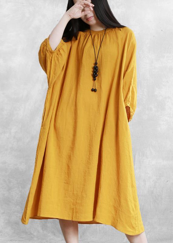 Bohemian yellow linen dresses o neck baggy Cinched Robe Dress