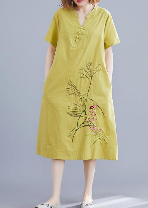 Handmade Chinese Button linen dresses Tutorials yellow embroidery Dress summer