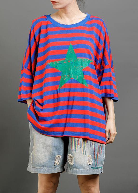 Women cotton clothes For Women Pakistani Red And Blue Stripes Casual Loose Blouse