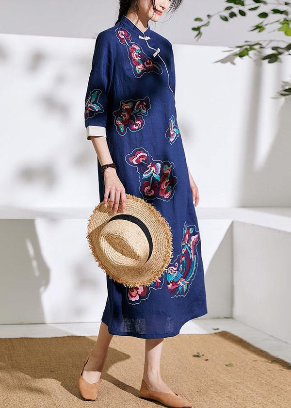 Handmade stand collar embroideried fabric linen summer dresses blue Dresses