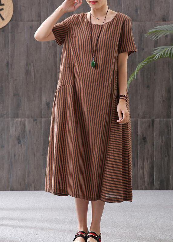 Elegant Omychic Stripe Loose Summer Cotton Short Sleeve Dress