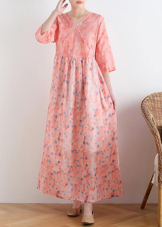 French v neck half sleeve linen summer clothes For Women pink floral Dresses