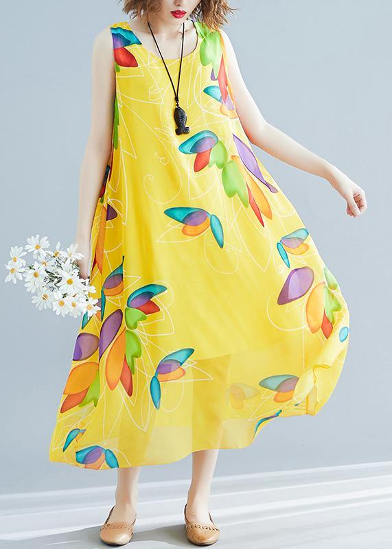 Beautiful yellow print chiffon Robes Korea Tutorials o neck false two pieces long Summer Dress