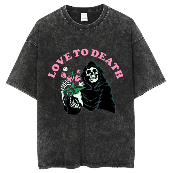 Unisex Love To Death Skull Letter Printed Retro Washed Short Sleeved T-Shirt