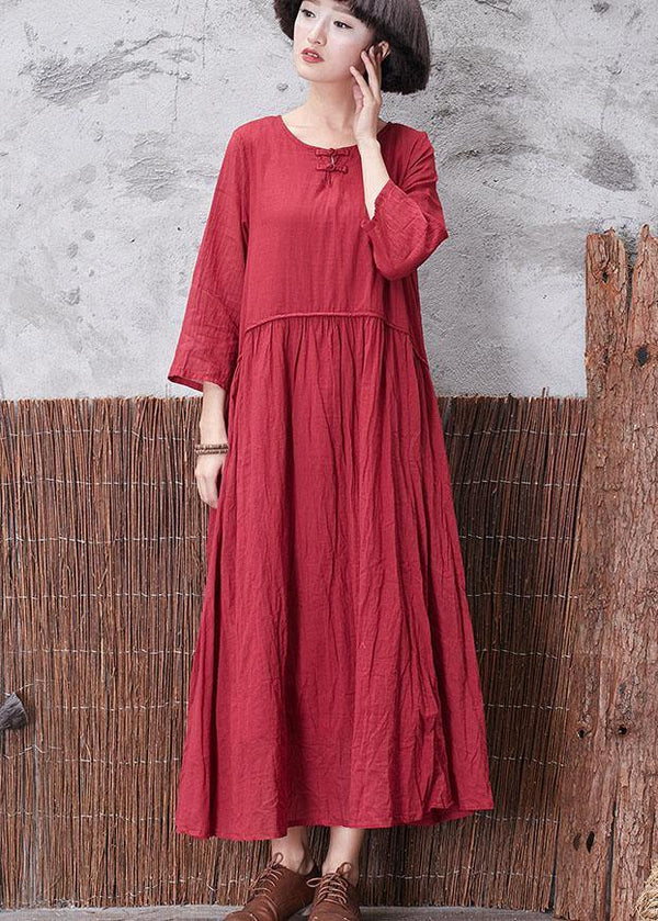 Classy red crop sleeve linen clothes layered Plus Size fall Dress