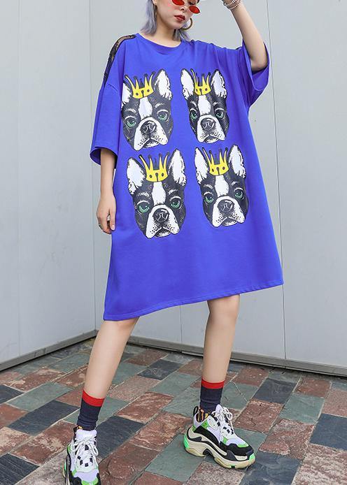 Women o neck half sleeve Cotton Long Sewing blue print Dresses summer