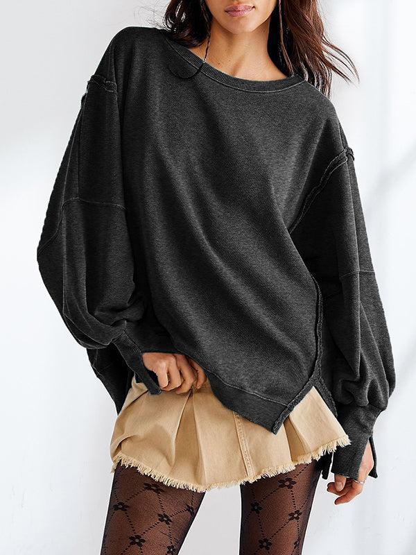 Long Sleeves Loose Fringed Solid Color Split-Joint Split-Side Round-Neck Sweatershirt