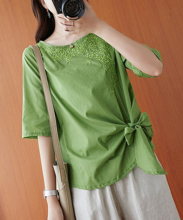 Natural green embroidery clothes o neck Bow tunic