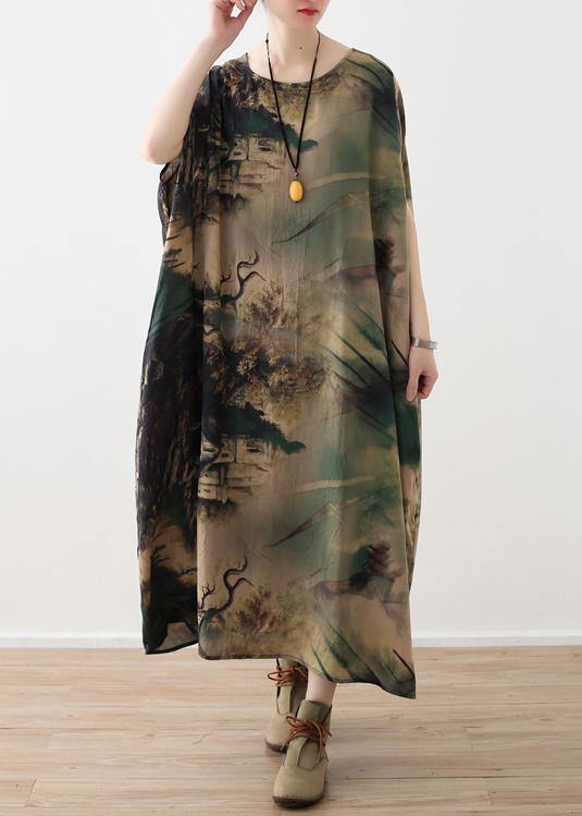 Art green prints silk clothes Omychic Fashion Ideas o neck long summer Dresses