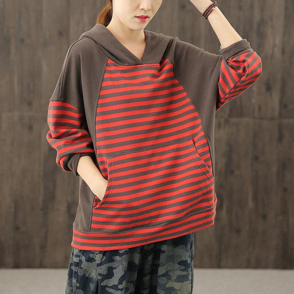 Style red striped tunics for women hooded patchwork baggy blouses