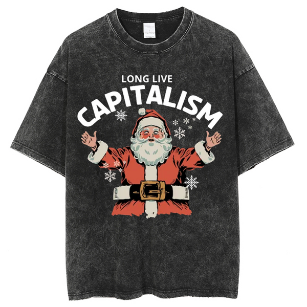 Unisex Long Live Capitalism Printed Retro Washed Short Sleeved T-Shirt