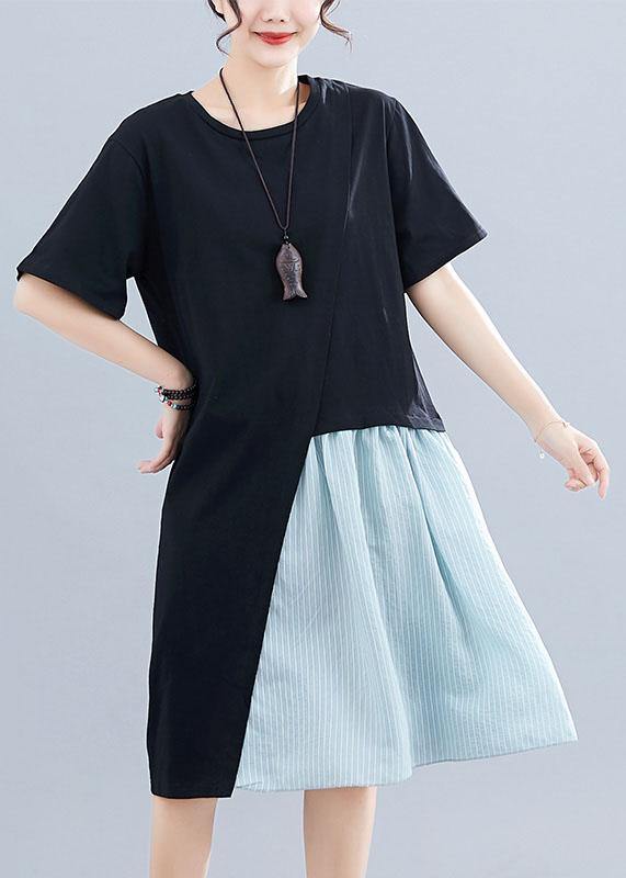 Italian black cotton linen clothes For Women patchwork o neck baggy summer Dresses