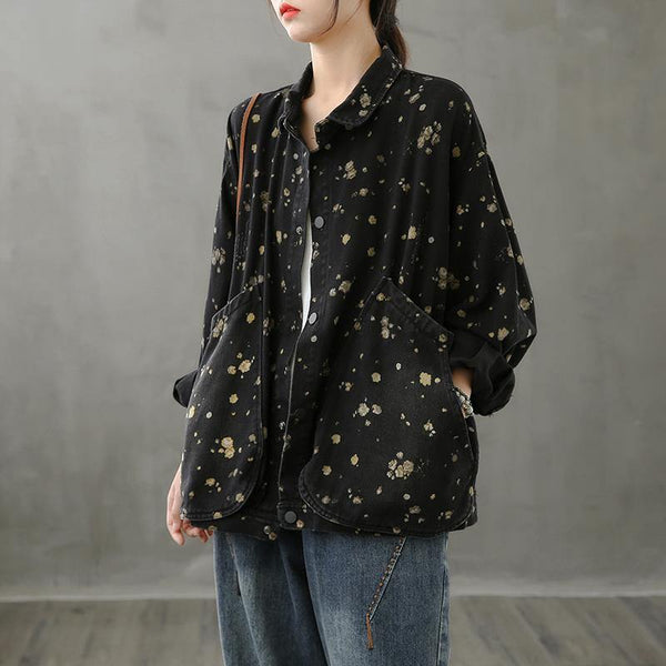 Simple lapel pockets fall crane tops pattern black print shirt