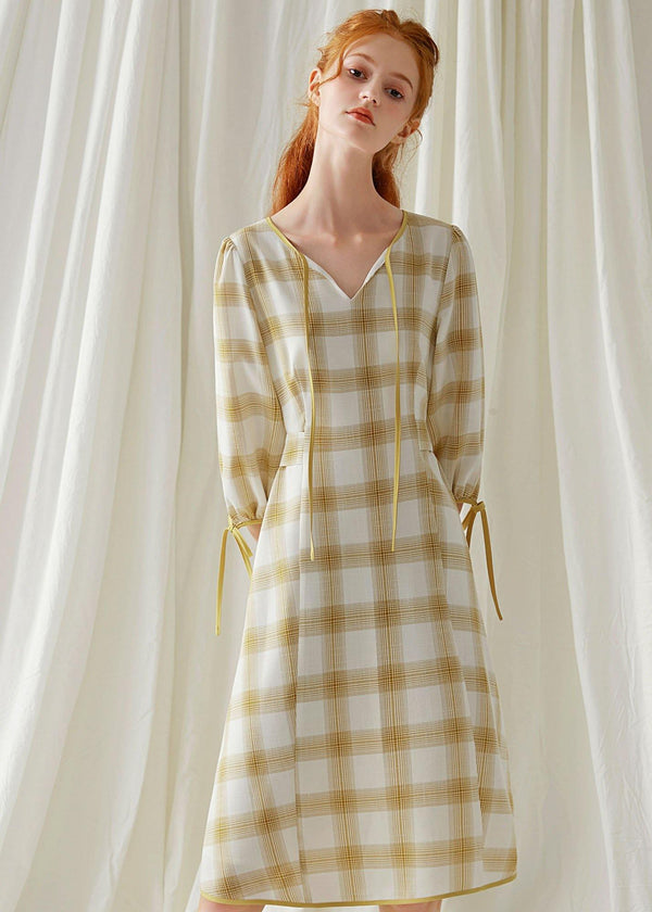 DIY yellow plaid cotton dresses high waist Plus Size fall Dresses