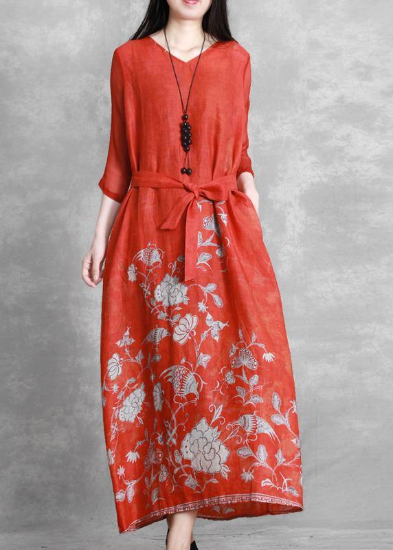 Women red print Robes v neck tie waist Maxi Dresses