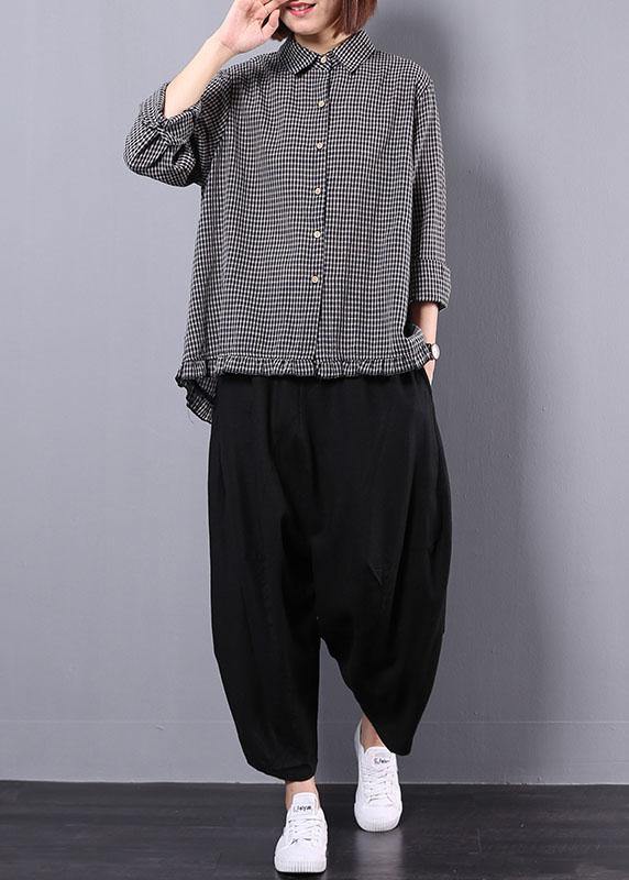 black plaid long sleeve cotton linen blouse with women black pants two pieces