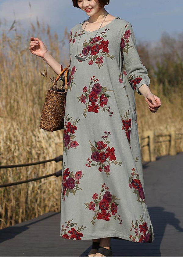 Beautiful O Neck Pockets Spring Tunic Work Outfits Chinese Rose Flower Long Dress